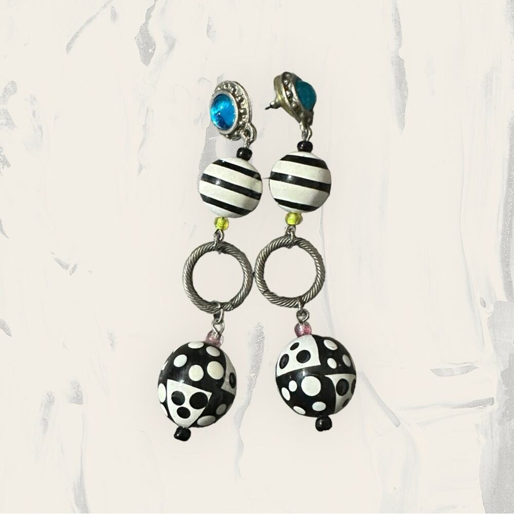 Vintage Earrings Black White Polka Dot Hoop Blue Gem‎ Drop Dangle Beaded